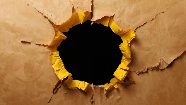 Vivid yellow ripped sheet set within a dark void