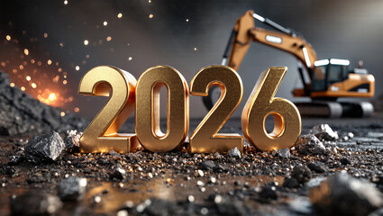 Gold 2026 with industrial excavator in construction site