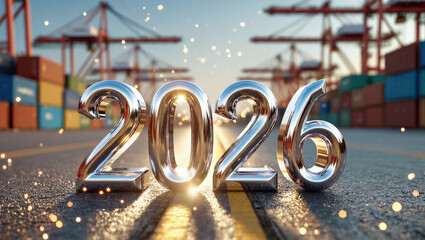 Metallic 2026 at shipping port with containers and cranes sparkling lights