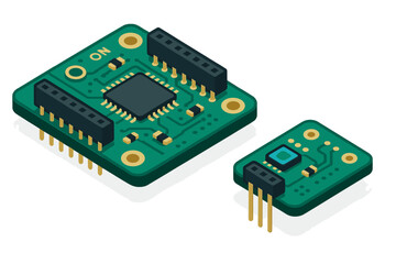 Small green printed circuit boards with microchips and connection pins in isometric view