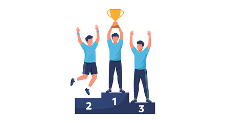 Celebrate triumphant victory with a champion team lifting a golden trophy on a winners podium, showcasing achievement and success
