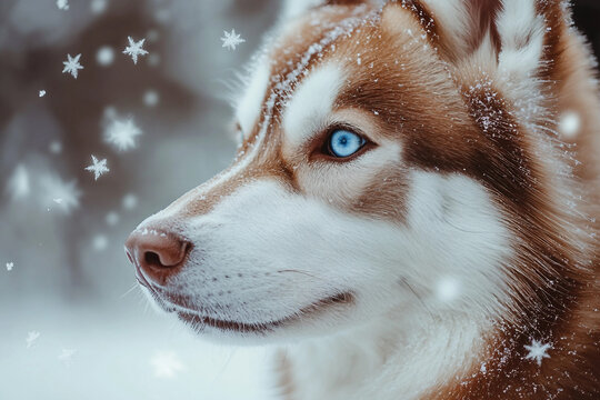 Close-up of Siberian husky dog with blue eyes and snowy fur outdoors in winter forest setting, generative ai image