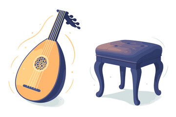 Traditional Middle Eastern oud string instrument and small upholstered wooden stool