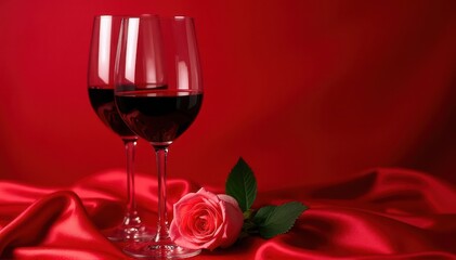 Two red-wine glasses on red satin beside a pink rose, reflecting soft light - a romantic, elegant table setting.