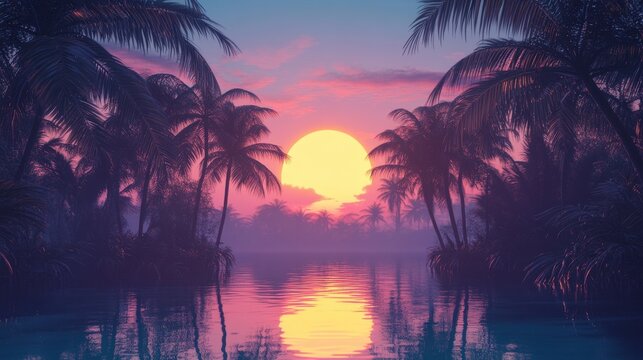 Vibrant sunset over a tranquil tropical ocean with silhouetted palm trees and reflections on the water, evoking a sense of paradise and relaxation