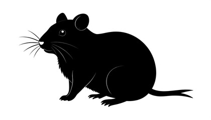 Silhouette illustration of a small, black rodent, likely a rat or mouse, depicted in a side profile on a white background