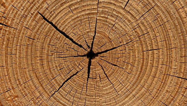 Detailed view of tree cross-section, showcasing natural wood grain patterns, seasonal change