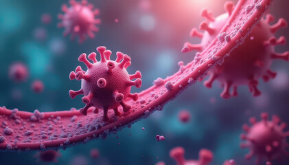 3D illustration of coronavirus particles with spike proteins interacting near a cell surface, depicting viral structure and infection.