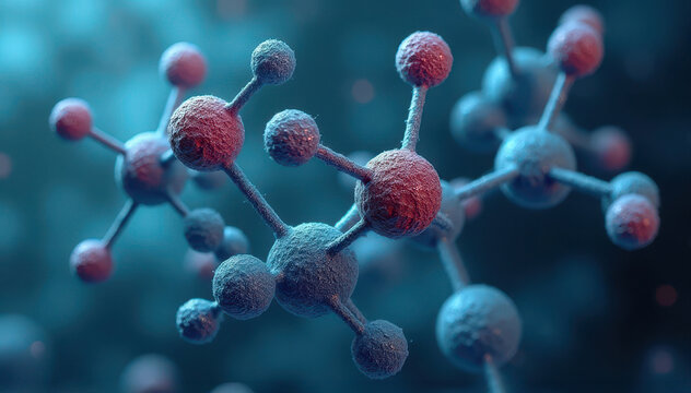 Close-up 3D render of a molecular model showing interconnected atoms and bonds with textured blue and red lighting.