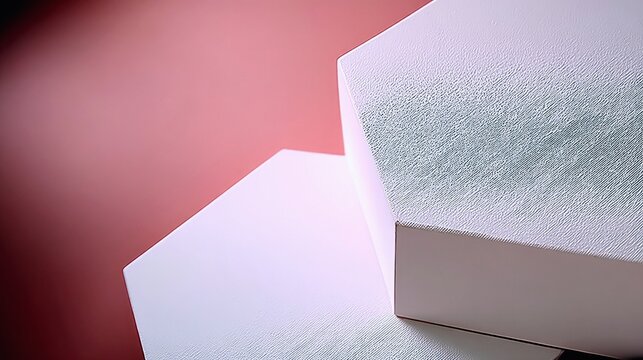 Two abstract geometric shapes with textured surfaces are arranged in a minimalist composition against a soft pink gradient background.