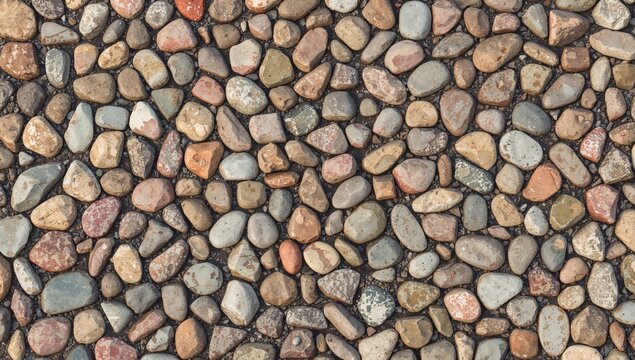 Colorful pebble stone texture embedded in concrete, suitable for decorative pathways and patios