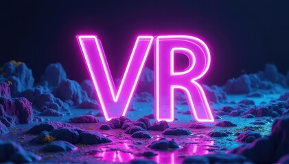 Neon pink "VR" letters glow on a reflective, alien rocky landscape with blue ambient lighting, evoking a futuristic, cyberpunk virtual reality environment.