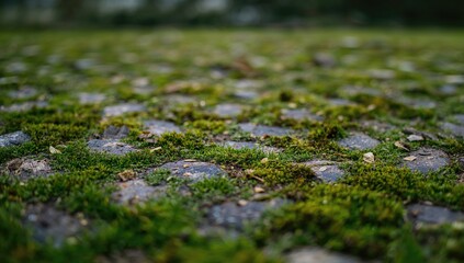Moss-covered cobblestone surface, suitable for editorial header background