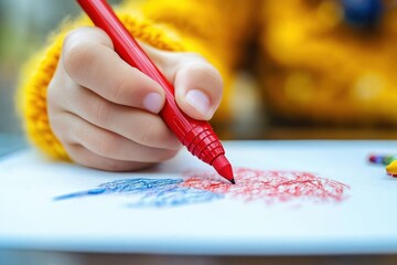 Close-up of a child coloring with a red marker on paper featuring blue and red scribbles, wearing a yellow sweater
