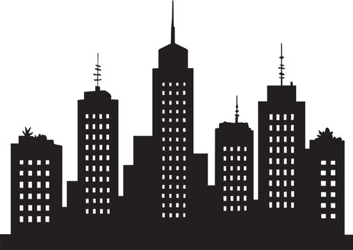 A stark black silhouette of a city skyline with various tall buildings, featuring illuminated windows, against a white background.