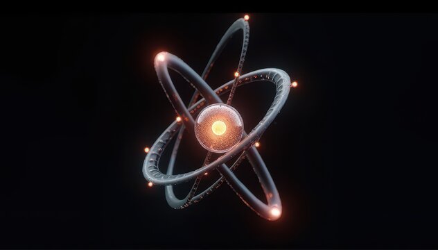 Stylized 3D rendering of an atom with a glowing nucleus and orbiting electron paths in a futuristic, scifi visualization of atomic structure.