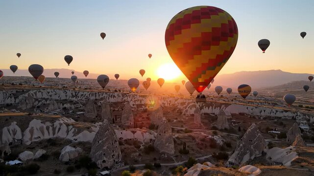 Majestic antelopes in formation soar through sunset filled valley landscape, embodying freedom and inspiration, perfect for adventure, exploration, or empowerment concepts and commercial.