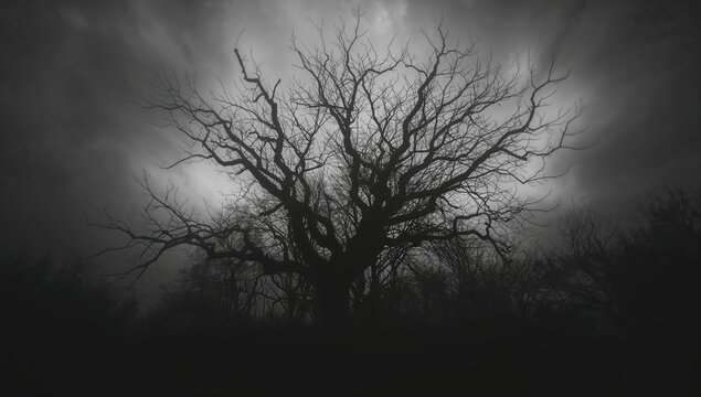 Eerie blurred silhouette of a barren tree in monochrome