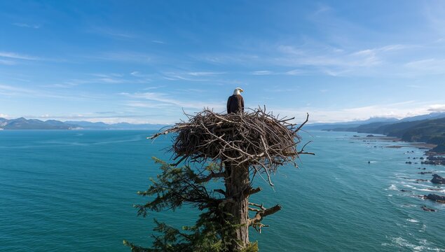 Bald eagles build their nests overlooking the sea.