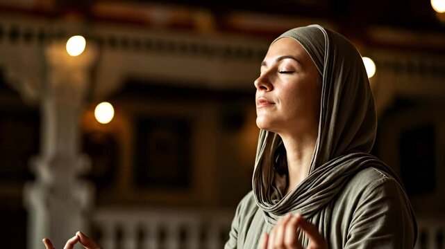 Calm and Serene Young Woman Meditating in a Tranquil Space, Wearing a Hijab, Focused on Inner Peace and Spiritual Connection
