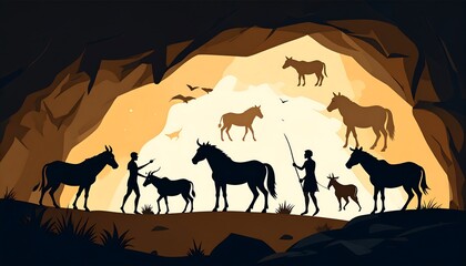Silhouette illustration of cave art depicting people and horses. Inside a cave with a light background and birds