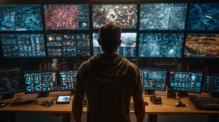 In the shadows: a defender's vigil over the digital world. Empty space. Ai-powered horizons: a close view into cybersecurity analysis. Rule thirds. Copy space.