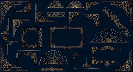 Art Deco Golden Frame and Border Collection on Dark Blue Background.