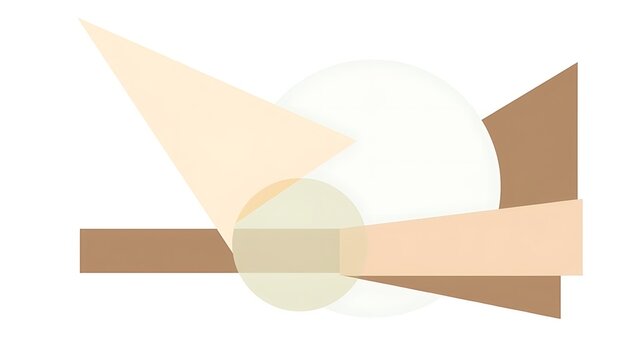Abstract geometric composition with overlapping circles, triangles, and rectangles in earthy beige and brown tones.