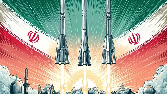 Abstract composition featuring the flag of Iran with industrial silhouettes in the background, representing technology and progress.