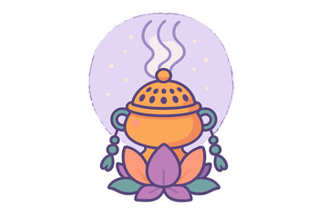 Fototapeta premium Stylized golden censer resting on a vibrant purple lotus flower with rising smoke