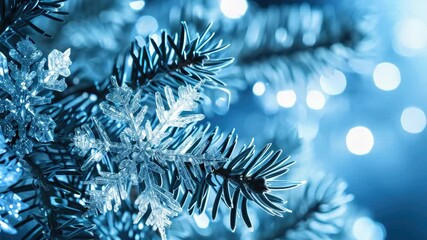 A festive and colorful of a Christmas tree adorned with snowflake ornaments and twinkling lights against a cool blue backdrop. Perfect for holiday themed designs and advertisements. - Powered by Adobe