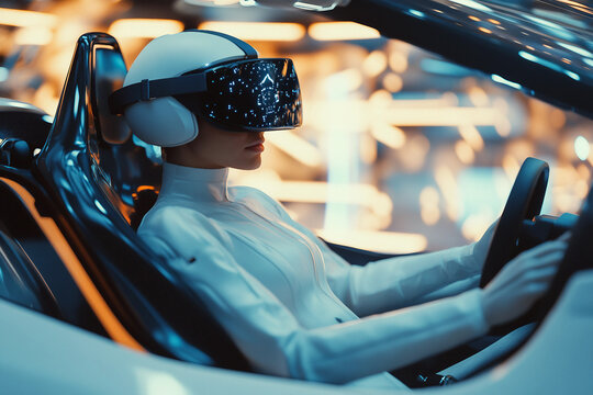 Close up of futuristic glasses reflecting digital data interface on woman using high tech system, generative ai