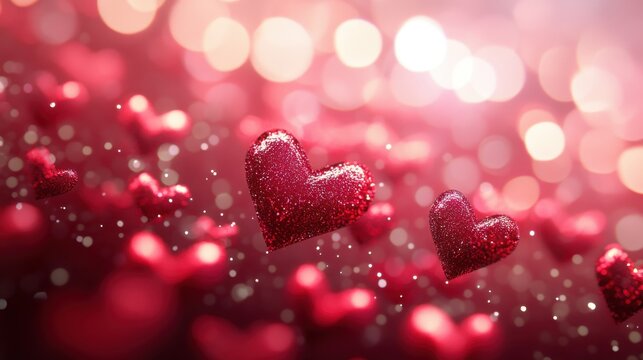 Sparkling red hearts floating in a bokeh background, perfect for valentines day or romantic themes