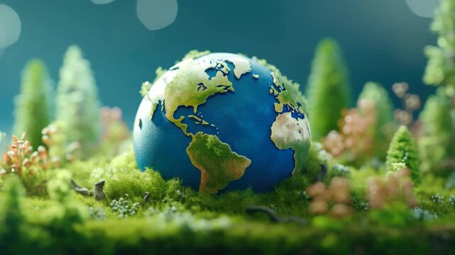 A small globe with a green surface is sitting on a grassy field. The globe is surrounded by trees and plants
