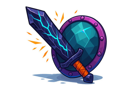 Stylized dark purple sword with glowing blue energy pattern crossing a faceted teal shield