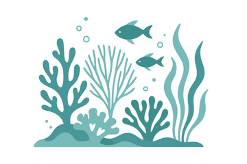 Fototapeta premium Stylized underwater scene with coral reef plants and swimming fish in teal and turquoise colors