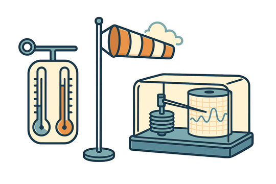 Set of meteorological instruments including thermometer, windsock, and barograph for weather measurement