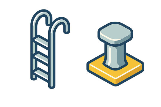 Isometric swimming pool ladder and mooring bollard representing nautical and aquatic themes