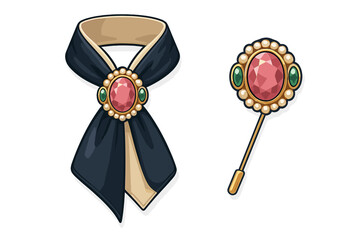 Elegant vintage cravat with large pink gemstone and pearl brooch alongside a matching stick pin