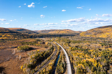 Aerial photography of autumn mountain forest road in Daxing'an Mountains