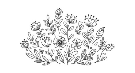 Fototapeta premium Whimsical Hand Drawn Horizontal Arrangement of Wildflowers and Leaves, Rustic Black Line Art on Isolated White Background