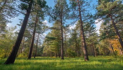 Fototapeta premium Harmonious pine trees in a calm forest during spring, enhancing a refreshing atmosphere