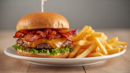A bacon burger served with crispy french fries, processed meat risk