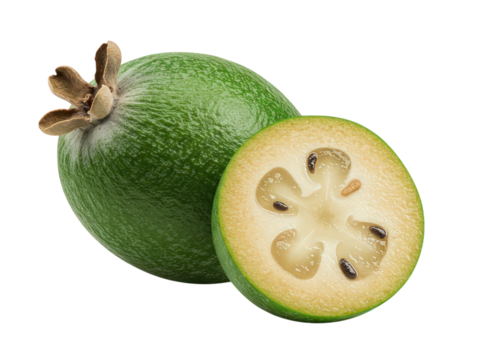Fresh feijoa fruit whole and halved isolated studio shot