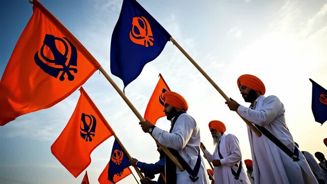 Sikh men and women proudly displaying orange and blue flags with the Khanda symbol during a cultural festival at sunrise, showcasing community spirit and heritage.