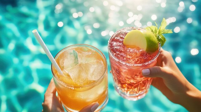 Two refreshing cocktails held up against a sparkling blue swimming pool background, perfect for a summer party, vacation, or relaxing poolside