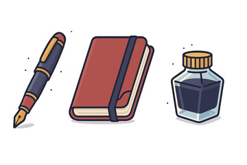 Classic writing tools set featuring a fountain pen, journal notebook, and ink bottle