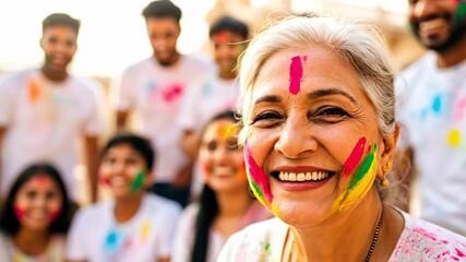 A joyful group of diverse people celebrating with colored powders during a festival, featuring an elderly woman and young adults showcasing cultural traditions and happiness. - Powered by Adobe