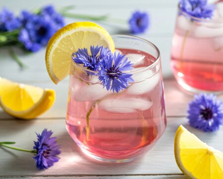Refreshing pink lemonade with lemon and edible flowers for a vibrant summer vibe, perfect for lifestyle blogs, beverage ads, and elegant summer parties