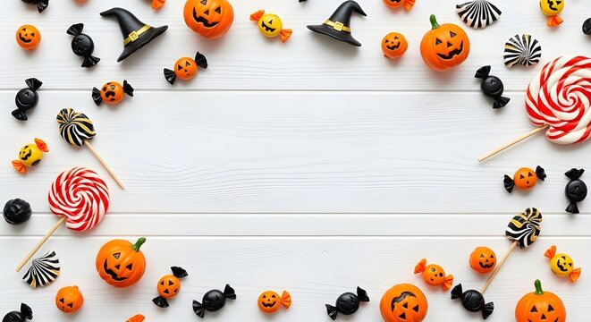 Halloween border background with pumpkins, candy, and witch hats on white wood, copy space